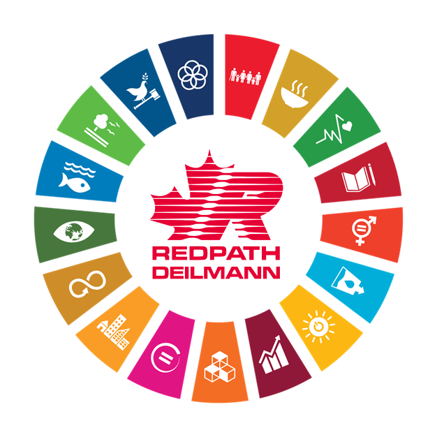 Darstellung der Sustainable Development Goals (SDGs) der Vereinten Nationen und das REDPATH DEILMANN Logo